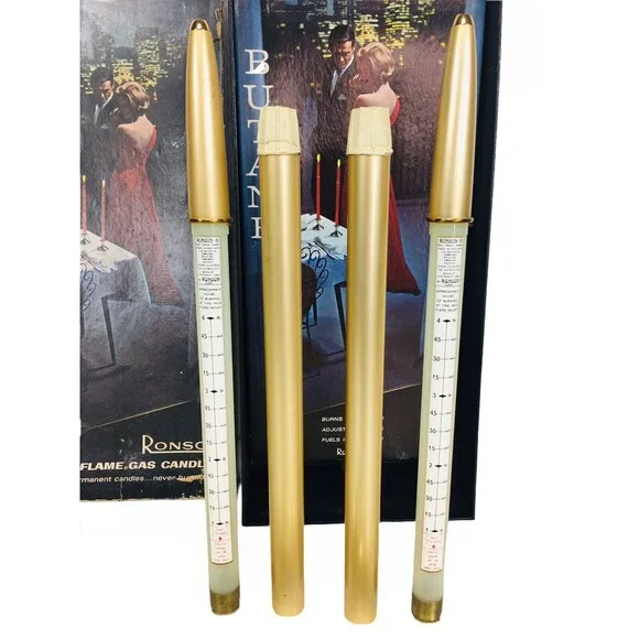 Vintage MCM Ronson Veraflames Gold Gas Candles with Stands in Original Box - Picture 5 of 9
